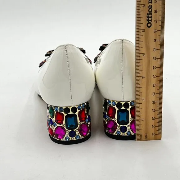 YDN White Bow Pump Butterfly Slip on Rhinestone Chunky Heels Pointed Toe