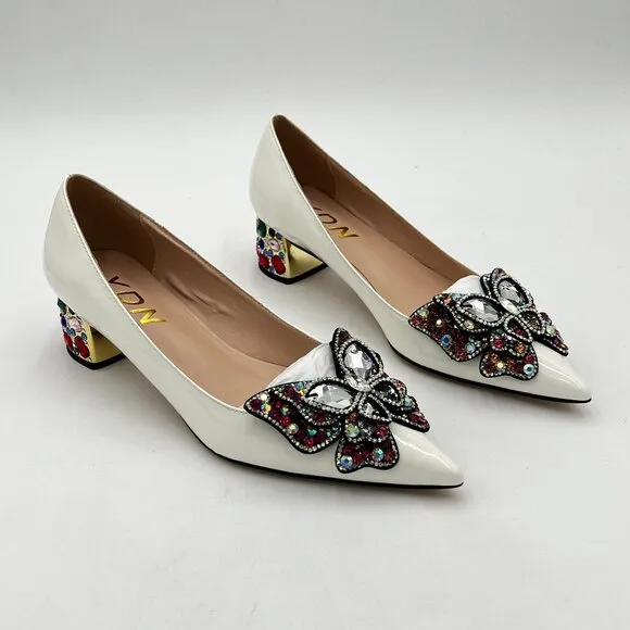 YDN White Bow Pump Butterfly Slip on Rhinestone Chunky Heels Pointed Toe
