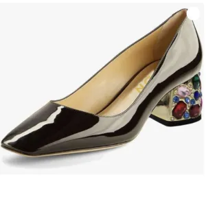 YDN Women Square Toe Slip on Pumps Rhinestone Studded Block Low Heels Black Shoe