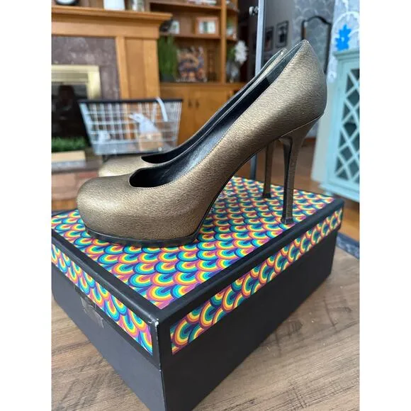 YSL Yves Saint Laurent Tribtoo Leather Pumps Heels Bronze Sz. 40/9