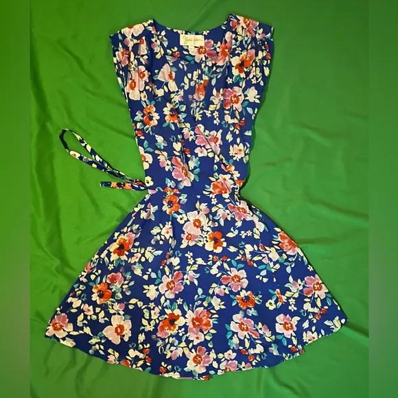 Yumi Kim 100% Silk Floral Blue Wrap Dress size XS