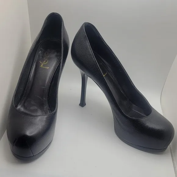 Yves Saint Laurent YSL Tribtoo Black Pebbled Leather Platform Pumps Size 37 1/2