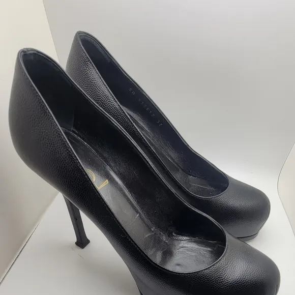 Yves Saint Laurent YSL Tribtoo Black Pebbled Leather Platform Pumps Size 37 1/2