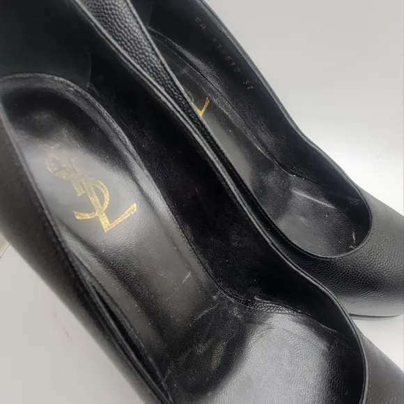Yves Saint Laurent YSL Tribtoo Black Pebbled Leather Platform Pumps Size 37 1/2