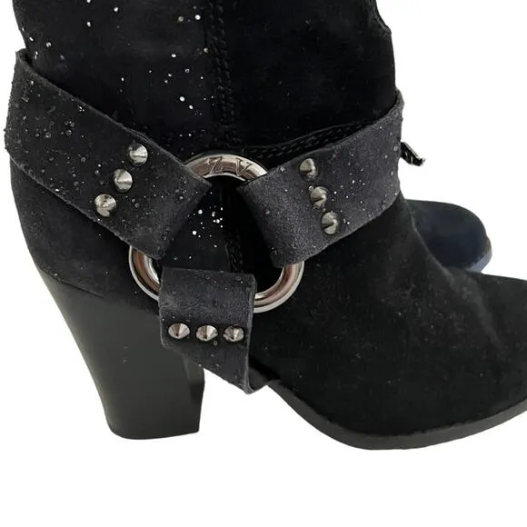 Zadig &amp; Voltaire Black Leather Studded Harness Western Ankle Boots Size 37 EU