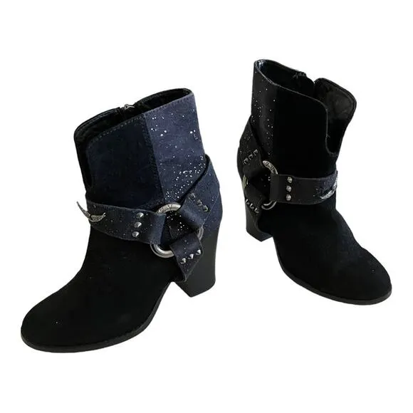 Zadig &amp; Voltaire Black Leather Studded Harness Western Ankle Boots Size 37 EU