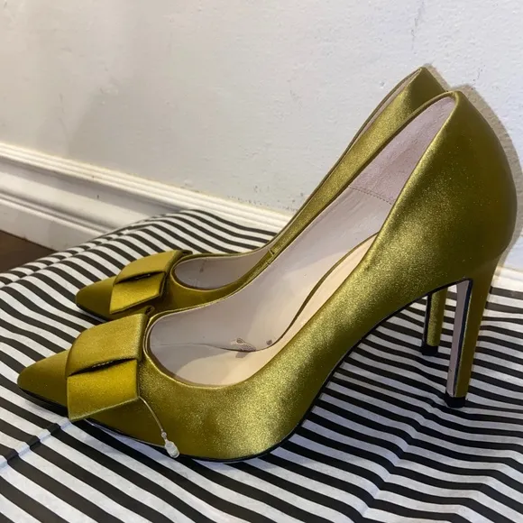 ZARA BASIC CHARTREUSE SATIN BOW HEELS SZ 36 SATEEN FORMAL WEDDING TUXEDO CHURCH