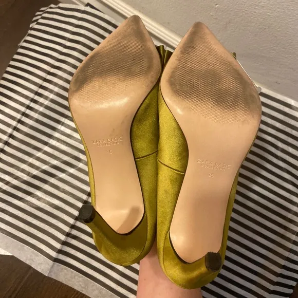 ZARA BASIC CHARTREUSE SATIN BOW HEELS SZ 36 SATEEN FORMAL WEDDING TUXEDO CHURCH