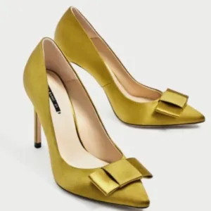 ZARA BASIC CHARTREUSE SATIN BOW HEELS SZ 36 SATEEN FORMAL WEDDING TUXEDO CHURCH