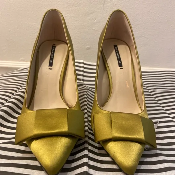 ZARA BASIC CHARTREUSE SATIN BOW HEELS SZ 36 SATEEN FORMAL WEDDING TUXEDO CHURCH