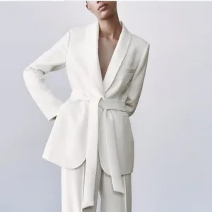 ZARA Belted Long Blazer White Size XS