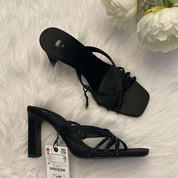 Zara Black High Heels Rhinestone Party Holiday Sandals Shoes Size 8