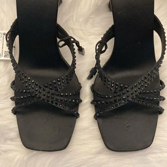 Zara Black High Heels Rhinestone Party Holiday Sandals Shoes Size 8