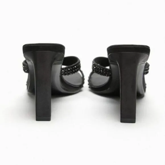 Zara Black High Heels Rhinestone Party Holiday Sandals Shoes Size 8