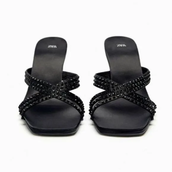 Zara Black High Heels Rhinestone Party Holiday Sandals Shoes Size 8