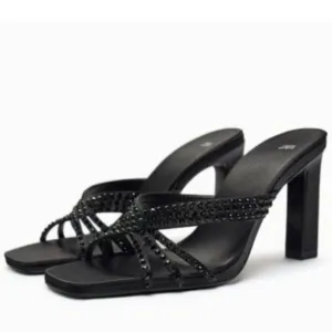 Zara Black High Heels Rhinestone Party Holiday Sandals Shoes Size 8
