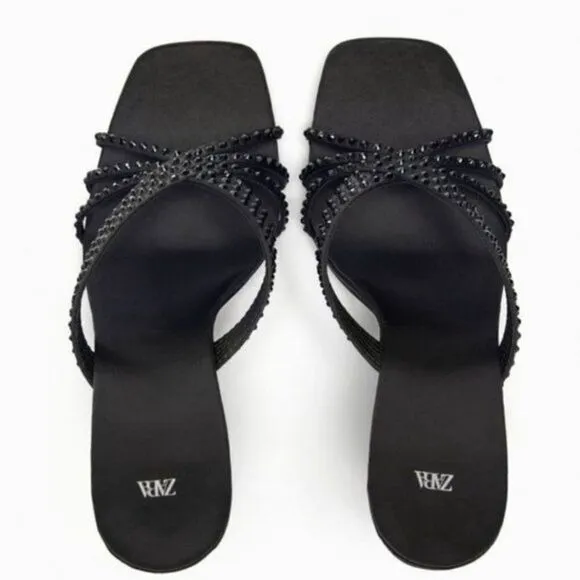 Zara Black High Heels Rhinestone Party Holiday Sandals Shoes Size 8