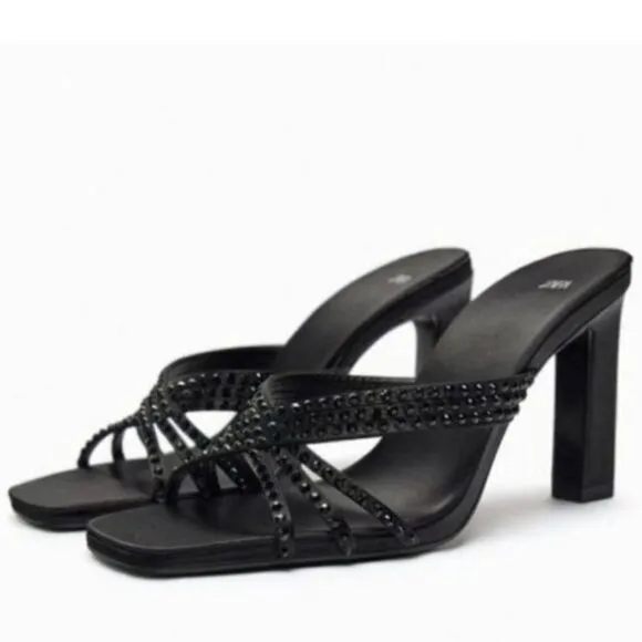 Zara Black High Heels Rhinestone Party Holiday Sandals Shoes Size 8