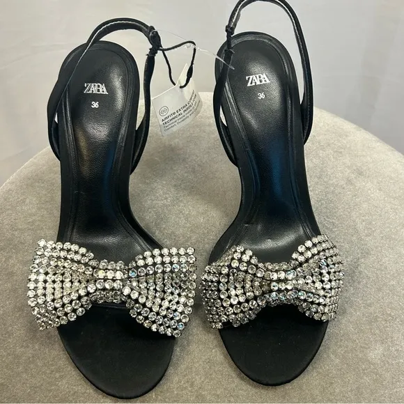 Zara Black strappy Crystal rhinestone embellished bow high heel sandals 36 NWT