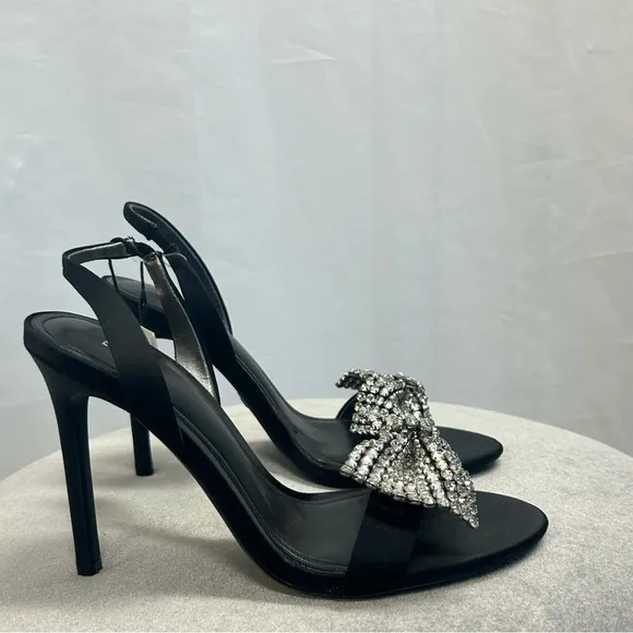 Zara Black strappy Crystal rhinestone embellished bow high heel sandals 36 NWT