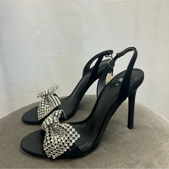 Zara Black strappy Crystal rhinestone embellished bow high heel sandals 36 NWT