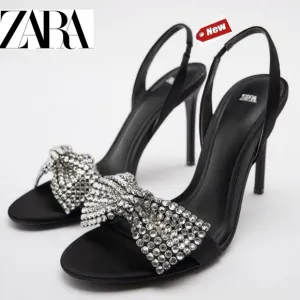 Zara Black strappy Crystal rhinestone embellished bow high heel sandals 36 NWT