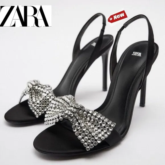 Zara Black strappy Crystal rhinestone embellished bow high heel sandals 36 NWT