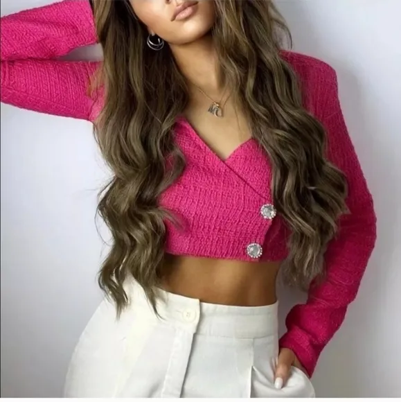 Zara * Cropped Blazer Top Pink Tweed Textured Size  M L