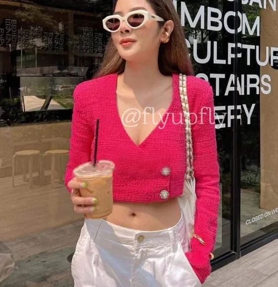 Zara * Cropped Blazer Top Pink Tweed Textured Size  M L