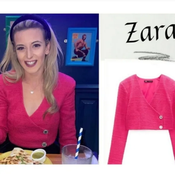 Zara * Cropped Blazer Top Pink Tweed Textured Size  M L