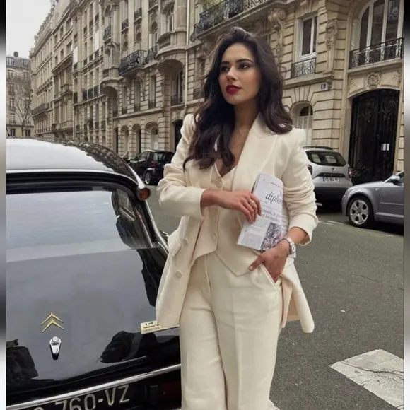 ZARA DOUBLE BREASTED LONG BLAZER COAT JACKET ECRU XS