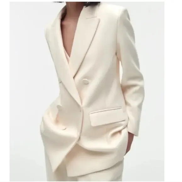 ZARA DOUBLE BREASTED LONG BLAZER COAT JACKET ECRU XS