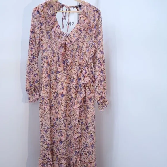 Zara Floral Backless Midi Dress, Size large nwt