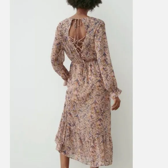Zara Floral Backless Midi Dress, Size large nwt