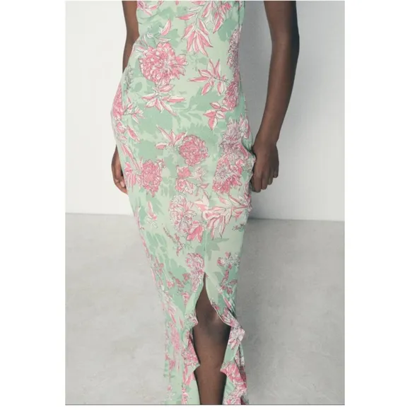 Zara‎ FLORAL PRINT SLIP DRESS Maxi Dress, Green Large