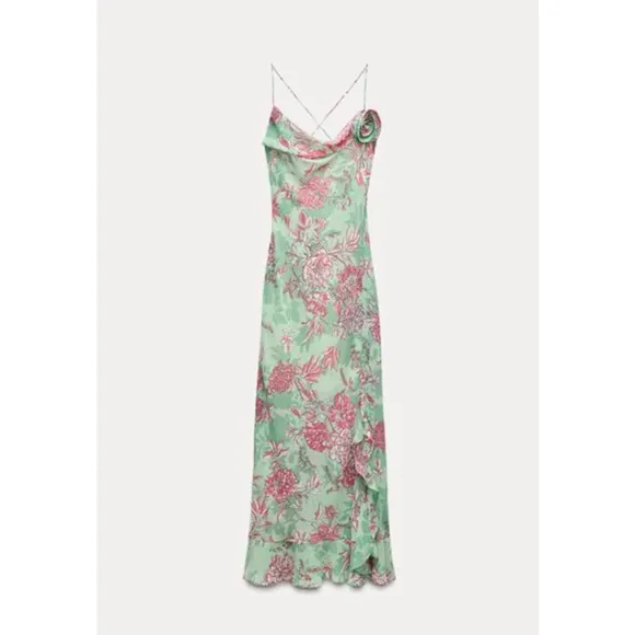 Zara‎ FLORAL PRINT SLIP DRESS Maxi Dress, Green Large