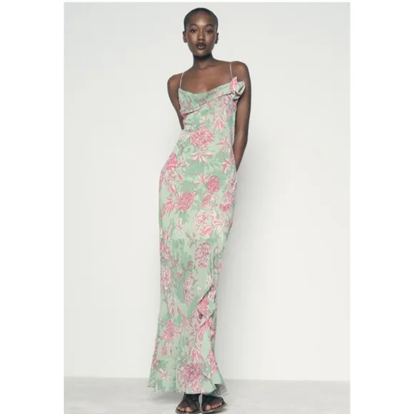Zara‎ FLORAL PRINT SLIP DRESS Maxi Dress, Green Large