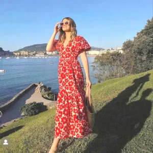 ZARA * Floral Printed Poplin Maxi Dress Red size xs