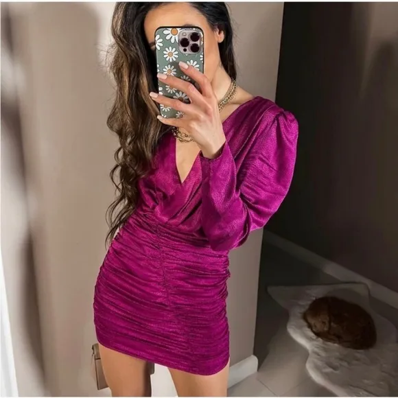 Zara * Fuchsia Satin Effects Mini Short Dress Pink Size XS and S