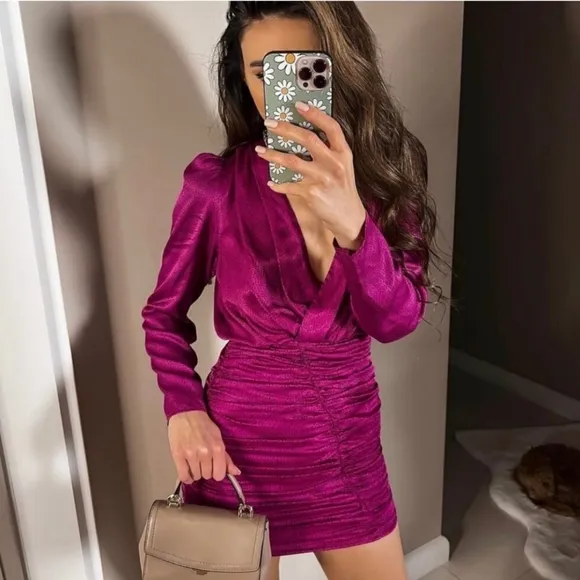Zara * Fuchsia Satin Effects Mini Short Dress Pink Size XS and S