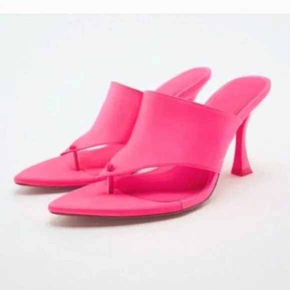 Zara Fuchsia Pink Satin Effect Pointed Toe High Heels Sandals Shoes