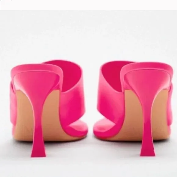 Zara Fuchsia Pink Satin Effect Pointed Toe High Heels Sandals Shoes