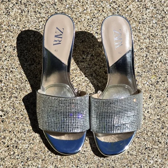 Zara Glamorous Sparkly Silver Heeled Sandals