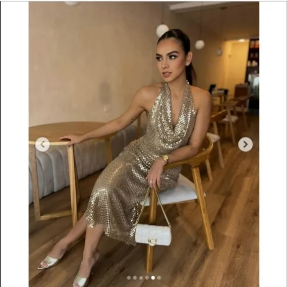 Zara Gold Mesh Slip Dress Gold Size S