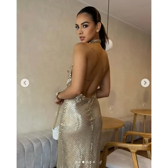 Zara Gold Mesh Slip Dress Gold Size S