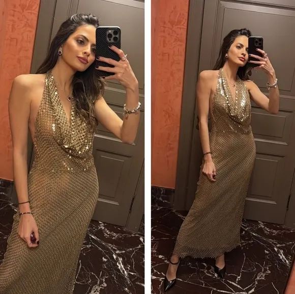 Zara Gold Mesh Slip Dress Gold Size S