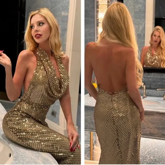 Zara Gold Mesh Slip Dress Gold Size S
