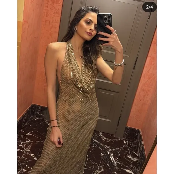 Zara Gold Mesh Slip Dress Gold Size S