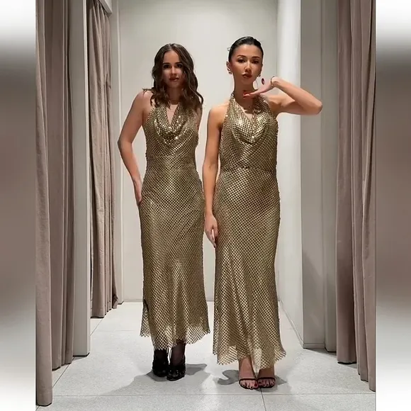 Zara Gold Mesh Slip Dress Gold Size S