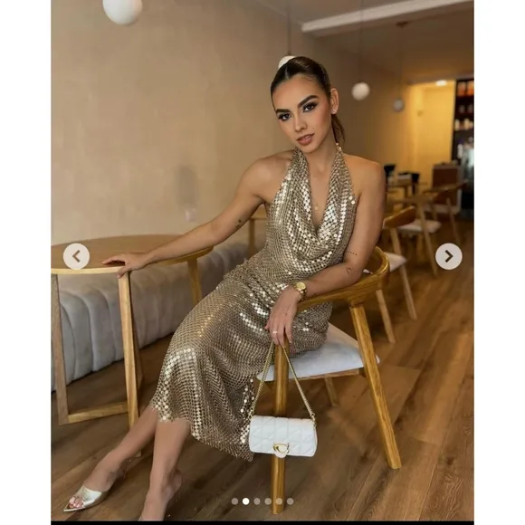 Zara Gold Mesh Slip Dress Gold Size S